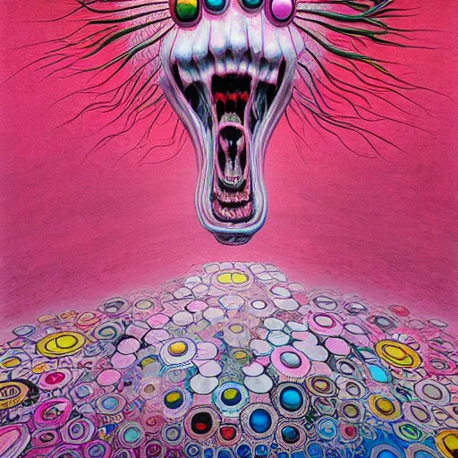 Image similar to pink scream by takashi murakami and zdzisław beksiński, intricately detailed artwork, full 8k high quality resolution, recently just found unknown masterpiece