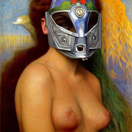 Image similar to the bird queen with her robot mask, by annie swynnerton and diego rivera and elihu vedder and jean delville, symbolist, dramatic lighting, elaborate geometric ornament, head and shoulders view, art brut, soft cool colors, smooth, sharp focus, extremely detailed, adolf wolfli, donato giancola