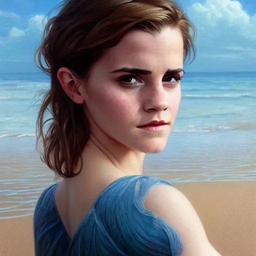 Prompt: ultra realistic illustration, wide angle shot, emma watson on a beach, intricate, elegant, highly detailed, digital painting, artstation, concept art, smooth, sharp focus, by artgerm and greg rutkowski and alphonse mucha