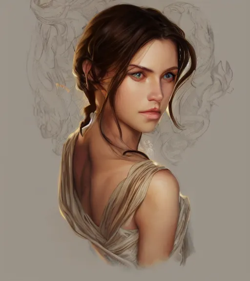 Image similar to portrait of a young woman, soft features, muscular, half body, cloth, hazel eyes, short brown hair, back light, d & d, fantasy, intricate, highly detailed, digital painting, artstation, concept art, smooth, sharp focus, illustration, art by artgerm and greg rutkowski and alphonse mucha