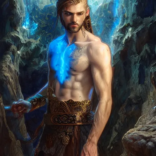 Image similar to spectral male pirate, burning blue eyes, head and torso, standing in a grotto, intricate, elegant, highly detailed, digital painting, artstation, concept art, smooth, sharp focus uhd 8 k, art by artgerm and greg rutkowski and alphonse mucha ”