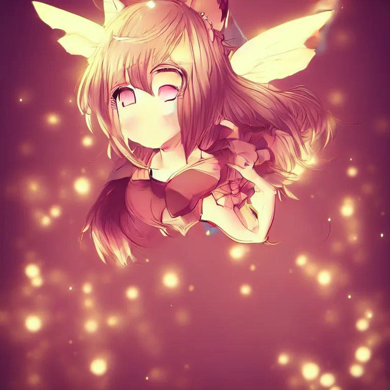 Image similar to cute, full body, female, anime style, a cat girl with fairy wings, large eyes, beautiful lighting, sharp focus, simple background, creative, heart effects, filters applied, illustration