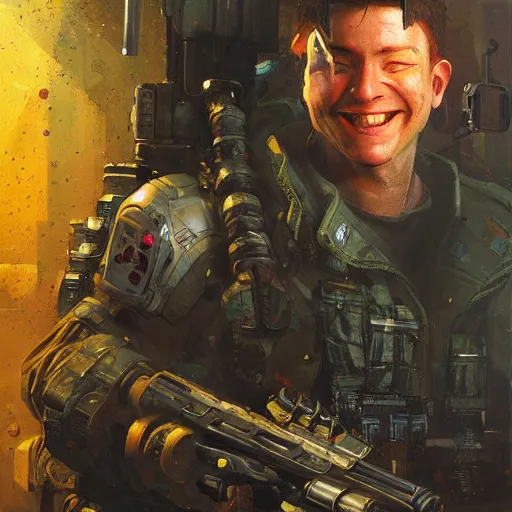 Image similar to portrait of soldier armed with a bubble gun. shadowrun cyberpunk fantasy detailed painting by craig mullins. cute bubbles and big smile