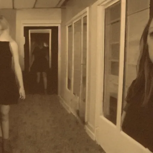 Image similar to Samara Morgan in the backrooms. Liminal. VHS found footage. Shaky, grainy.