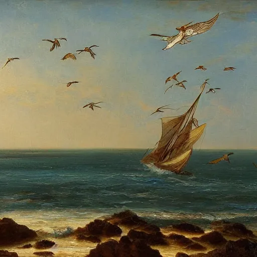 Image similar to A coast with sand and small rocks with a blue sky and a troubled sea and an old sailing ship on the horizon and in the sky is a flock of birds flying southwards, painted in oil colours, in the style of Frants Landt