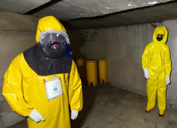 Prompt: a man in a yellow hazmat suit with an Eldritch Cthuhlu creature in an underground brutalist storeroom