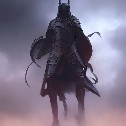 Image similar to black style knight with a powerful weapon, fog, dramatic lighting, cinematic composition, a fantasy digital painting by greg rutkowski and james gurney, trending on artstation, highly detailed, hyperrealistic, realistic, photorealistic, dynamic lighting, highly detailed, cinematic landscape, studio lighting