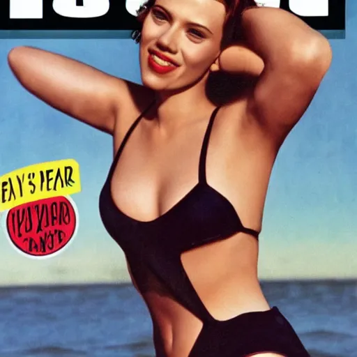 Prompt: Scarlett Johansson on the cover of Swimsuit Illustrated (1940)