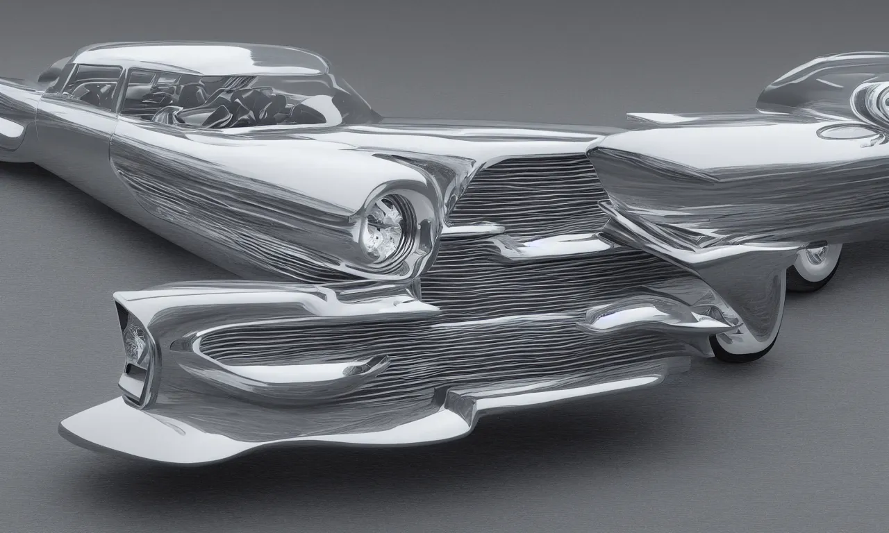 Prompt: futuristic 1957 silver cadillac, photograph, 16k, hyper realistic