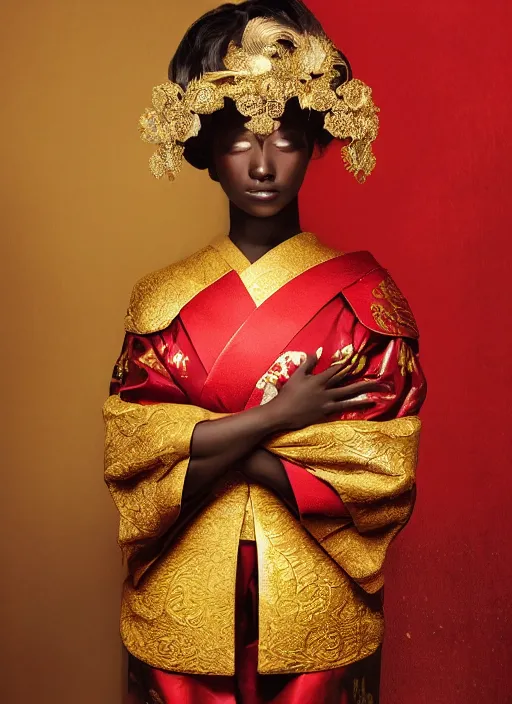 Prompt: portrait of attractive dark - skinned woman wearing regal japanese ceremonial attire, gold trimmings, red dress, intricate details, red dress, ultra - realistic, studio lighting, editorial photography by greg rutkowski