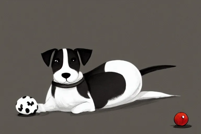 Image similar to cute black and white jack russel terrier laying on dog bed, large round eyes, concept art, game art, character design, fantasy illustration, sketch by cory loftis and bill schwab