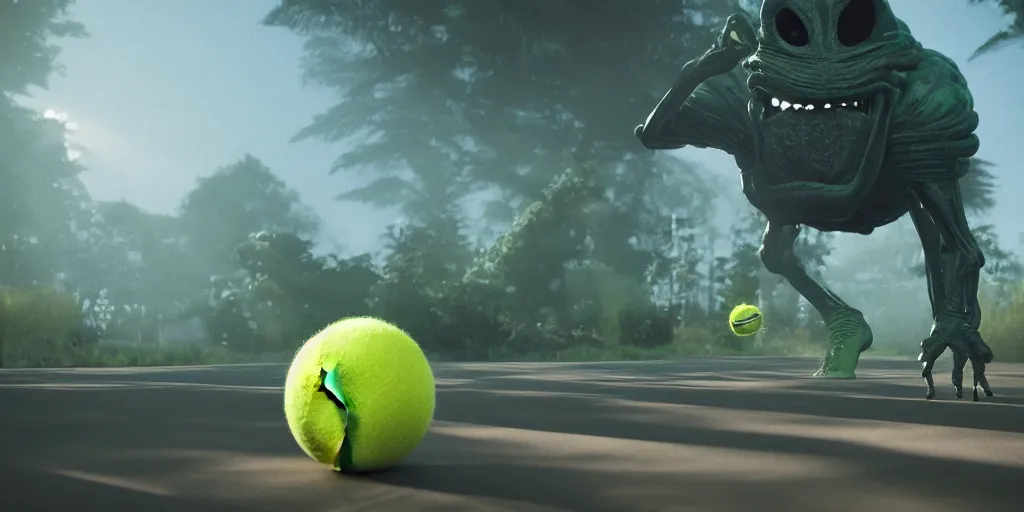 Image similar to a photo of 8 k ultra realistic tennis ball monster, tennis ball monsters, alien exotic, cinematic lighting, trending on artstation, 4 k, hyperrealistic, focused, high details, unreal engine 5, cinematic, alien planet atmosphere in background, 3 d render by beeple and basil gogos