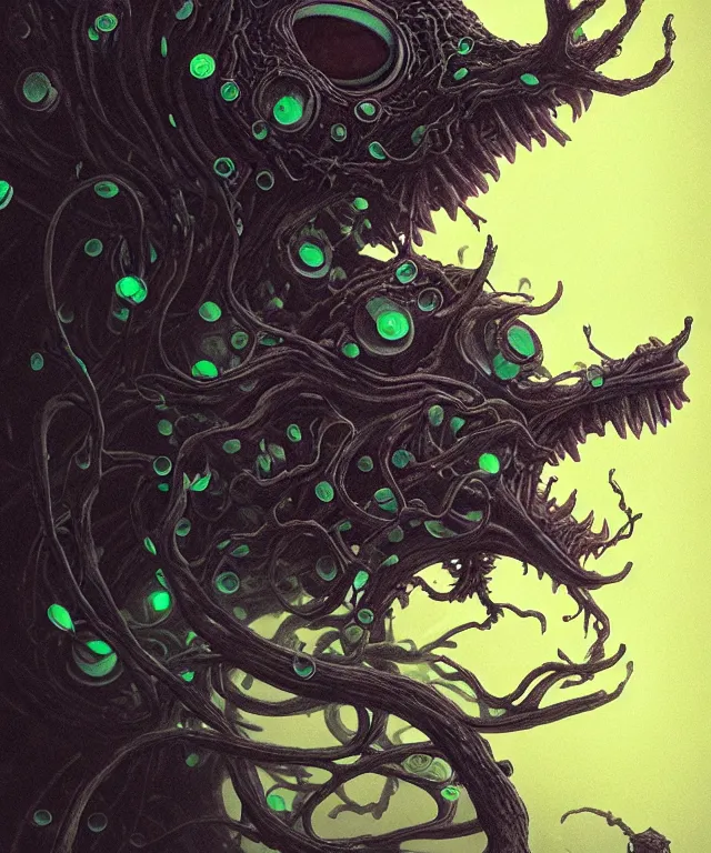 Prompt: a beholder made of bioluminescence slimy skin, fantasy, elegant, crisp 8 k line art, digital painting, artstation, unreal engine, octane render, concept art, matte, sharp focus, hyper realistic lighting, illustration, art by takato yamamoto