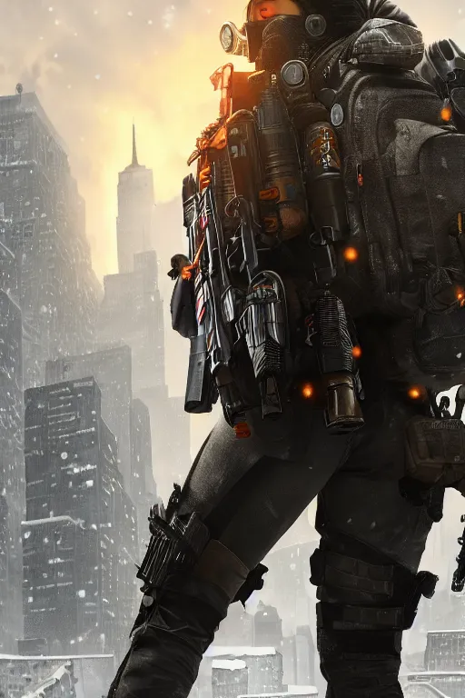 Image similar to close up of an agent from (Tom Clancy's The Division), snowy new york in background, high detail, digital art, trending on artstation, by Tom Garden