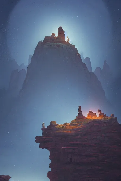 Image similar to ancient temple on a rocky cliff in a canyon, shooting stars in the night sky, dramatic lighting, artstation, matte painting, ralph mcquarrie, simon stalenhag