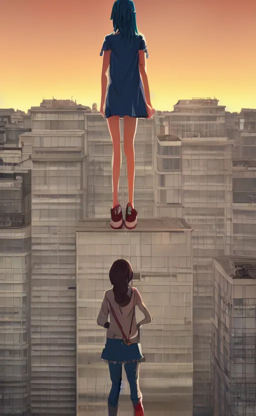 Image similar to a girl standing on the edge of a building smiling, three point perspective, anime scene, digital art, 4k ultra