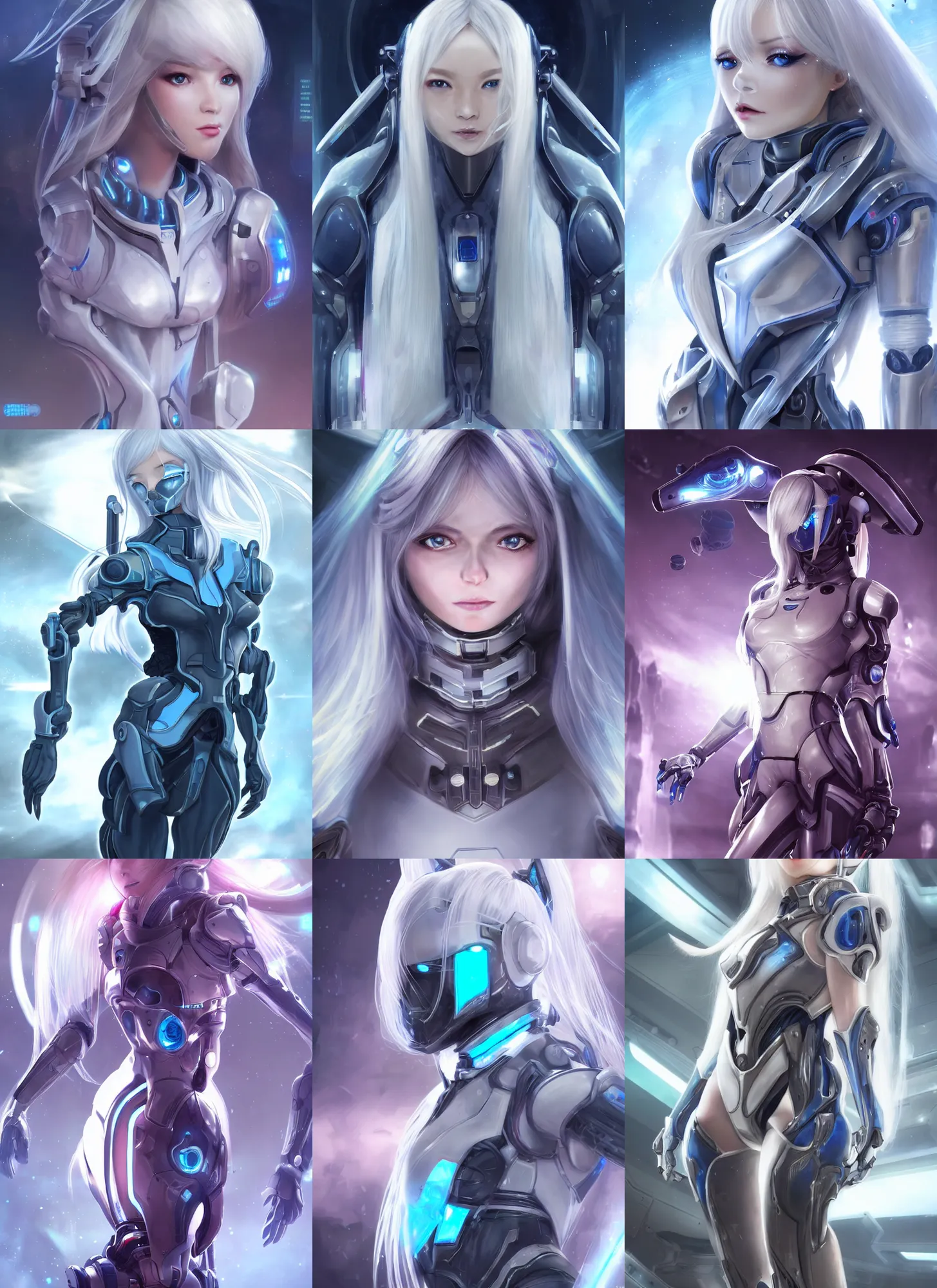 Prompt: perfect android girl, warframe armor, beautiful face, scifi, futuristic, space station, laboratory, kwak ji young, dreamy, long white hair, blue cyborg eyes, cinematic lighting, highly detailed, very cute, focused, artstation, divine, by gauthier leblanc, kazuya takahashi, huifeng huang, jama jurabaev