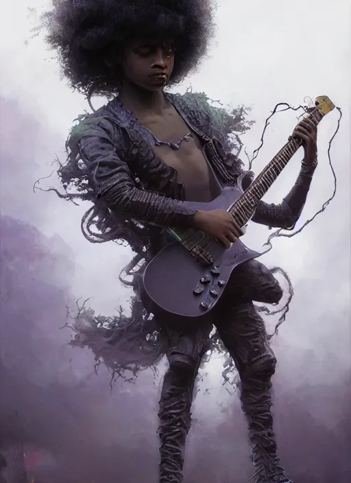 Image similar to fantasy changeling black kid with long curly hair playing electric guitar, between worlds, dim light, front game card, marvel comics, dark, intricate, highly detailed, smooth, artstation, digital illustration by ruan jia and mandy jurgens and artgerm and wayne barlowe and greg rutkowski and zdislav beksinski