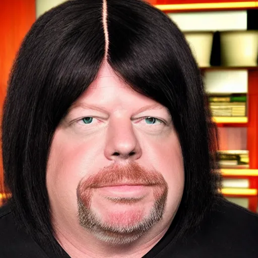 Prompt: Rick Harrison with a wig talking to the camera, lots of black hair, wig, symmetrical face