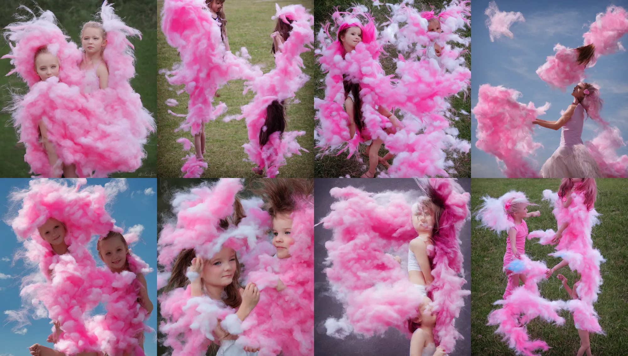 Prompt: girl, pink, feathers, cotton candy, windy, wisps, wlop