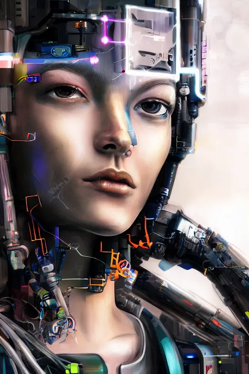 Image similar to a close - up portrait of a cyberpunk cyborg girl, by jan van eijck, rule of thirds