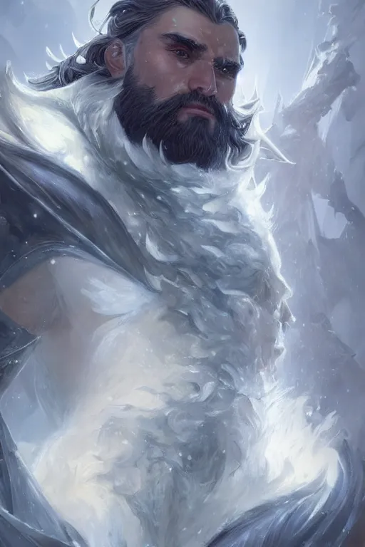 Image similar to portrait of tryndamere from league of legends, photorealistic icy tundra, full body, powerful, fantasy, intricate, elegant, highly detailed, digital painting, artstation, concept art, sharp focus, illustration, art by artgerm and greg rutkowski and alphonse mucha