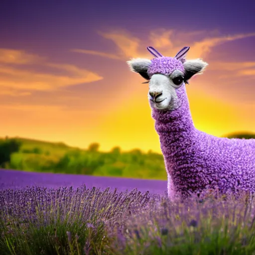 Prompt: lavender llama with a bow on its head sitting in a field at sunset, 4k, hd, photorealistic