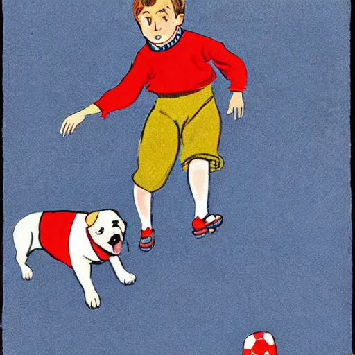 Image similar to book illustration of a french boy on the streets of paris playing football against a corgi, the dog is wearing a polka dot scarf, 1 9 6 6