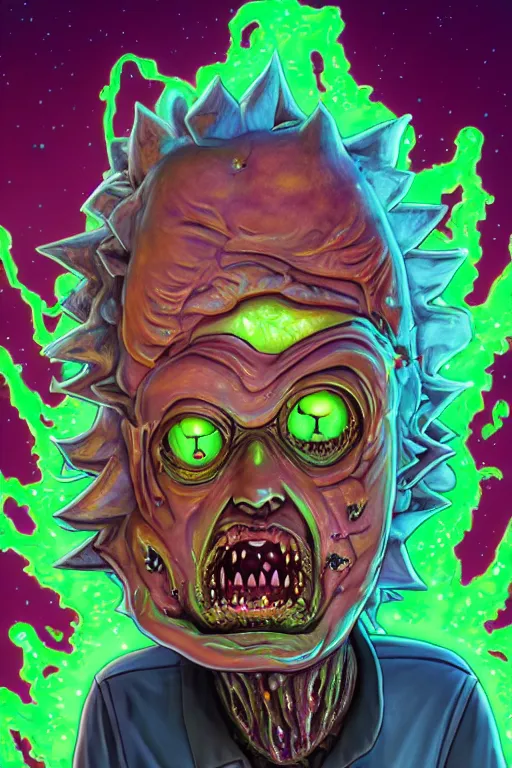 Prompt: rick and morty exploding head fused with a lovecraft fat space zombie wearing a exploding wig and a pirate patch, laser eye, photo, portrait, 3d, high details, intricate details, by vincent di fate, artgerm julie bell beeple, 90s, Smooth gradients, octane render, 8k, volumetric lightning, High contrast, duo tone, depth of field, very coherent symmetrical artwork