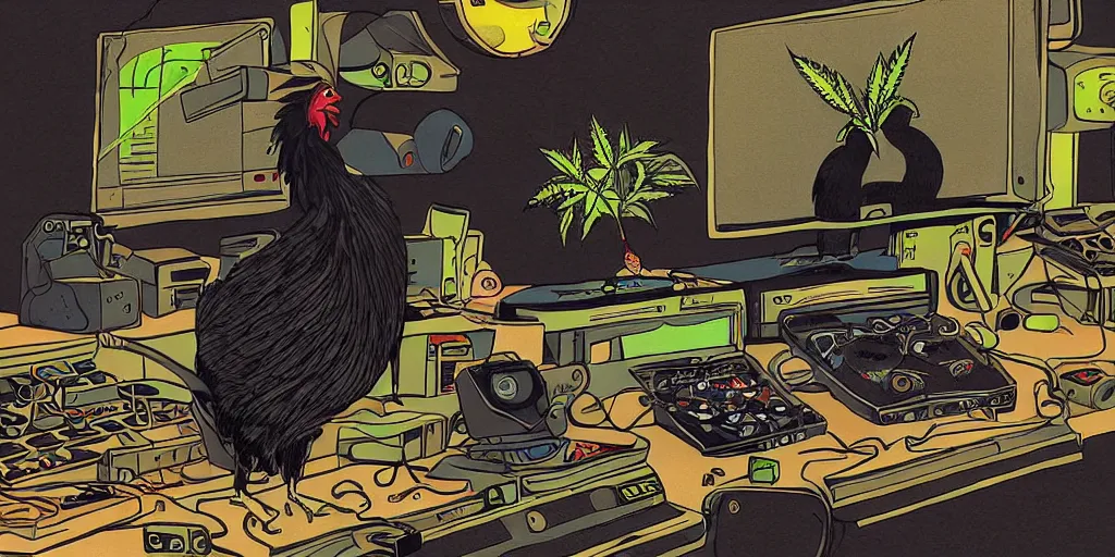 Image similar to 'black chicken'!!!! smoking 'cannabis'!!!!!! in front of 'audio console'!!! and 'multi monitors'!!! 'in a hi-tech tv broadcasting studio'!!!, artwork by James Gilleard