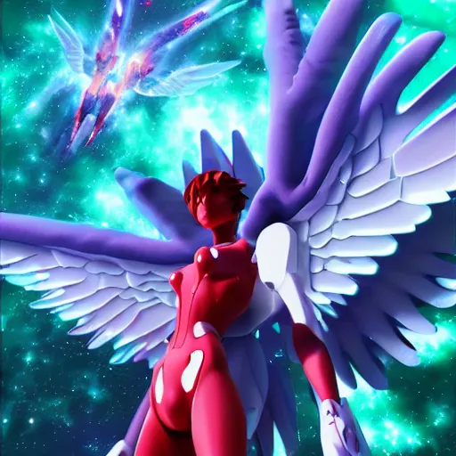 Prompt: evangelion angel invaders blazing wings 4 k path traced high definition detailed artstation realistic trending dramatic lighting hyperrealism bokeh focus galaxy background