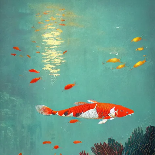 Prompt: giant koi carper in a magical underwater world, oil painting victo ngai