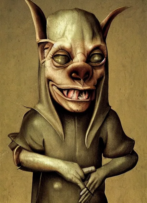 Image similar to medieval goblin, head and shoulders, painted by hieronymus bosch, detailed digital art, trending on Artstation