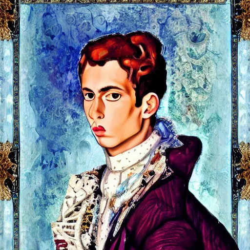 Prompt: hyperdetailed maximalist elaborate half - lenght portrait of a futuristic a beautiful young teen boy, wearing long clothing. rococo architecture, in the style of modigliani and mixed media collage. matte background hd 8 x