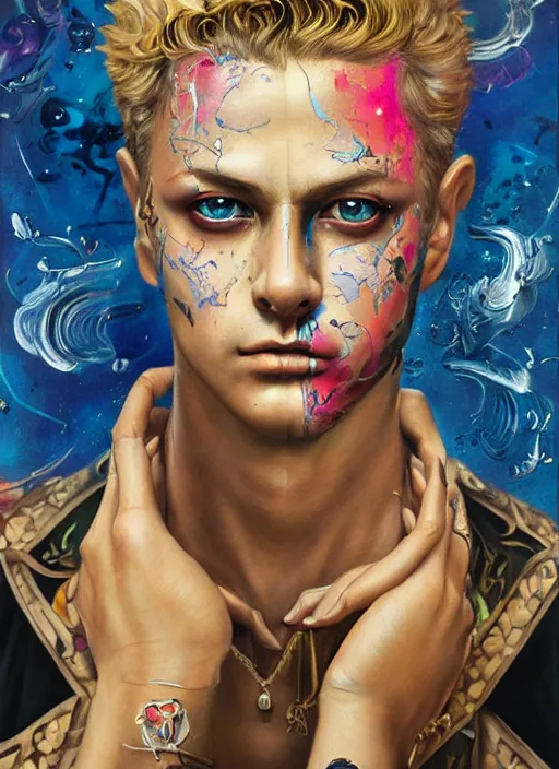 Prompt: beautiful portrait of Giorno Giovanna JoJo, by Tristan Eaton, Stanley Artgermm, Tom Bagshaw, Greg Rutkowski, Carne Griffiths. trending on DeviantArt, face enhance, hyper detailed, trending on Artstation, 8k, masterpiece, graffiti paint, fine detail, full of color, intricate detail, golden ratio illustration