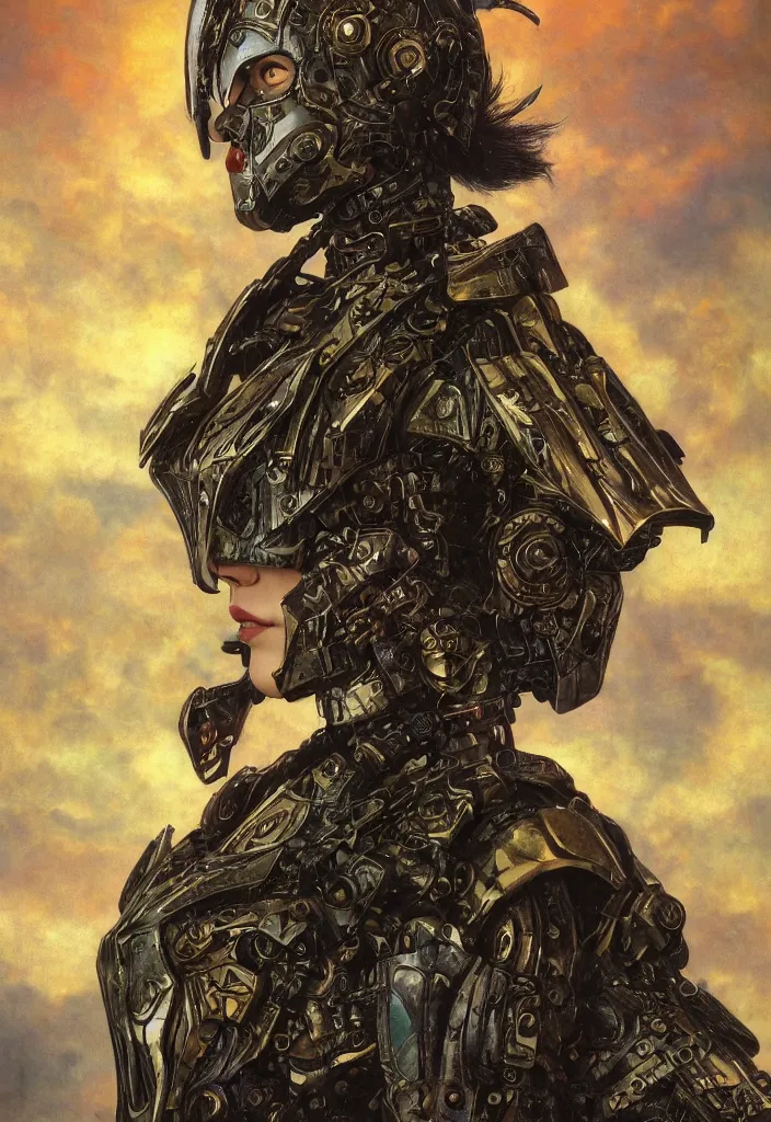 Image similar to biblical diabolical beautiful female valkyree! samurai cyborg, slick metal plastic armor, heavy eyes to the side, closeup, bright glowing eyes, in clouds, rain, sunset, portrait, by gerald brom, by mikhail vrubel, by peter elson, muted colors, extreme detail, reflections, trending on artstation, 8 k