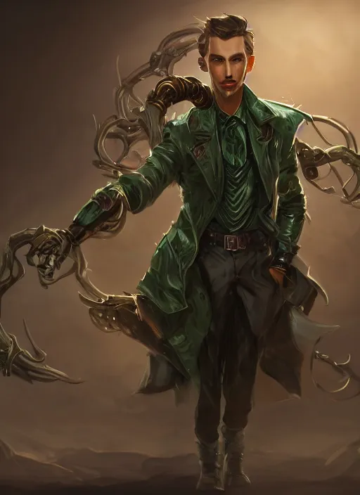 Image similar to a highly detailed illustration of thick wavy brown haired young white guy wearing brown detective trench coat and wearing dark green mask, with many long mechanical arms on his back, dramatic standing pose, intricate, elegant, highly detailed, centered, digital painting, artstation, concept art, smooth, sharp focus, league of legends concept art, WLOP