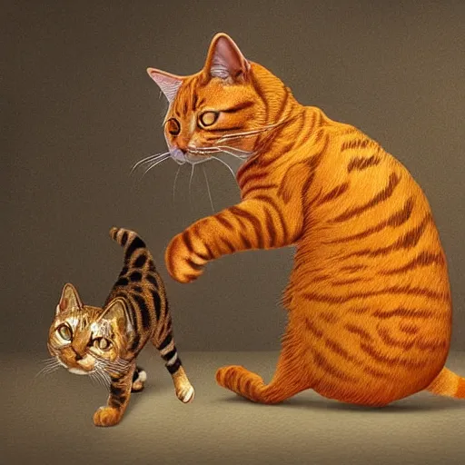 Prompt: an orange tabby cat and a bengal cat chasing ghosts in an attic, intricate, detailed, spooky, masterpiece, trending on artstation, digital art