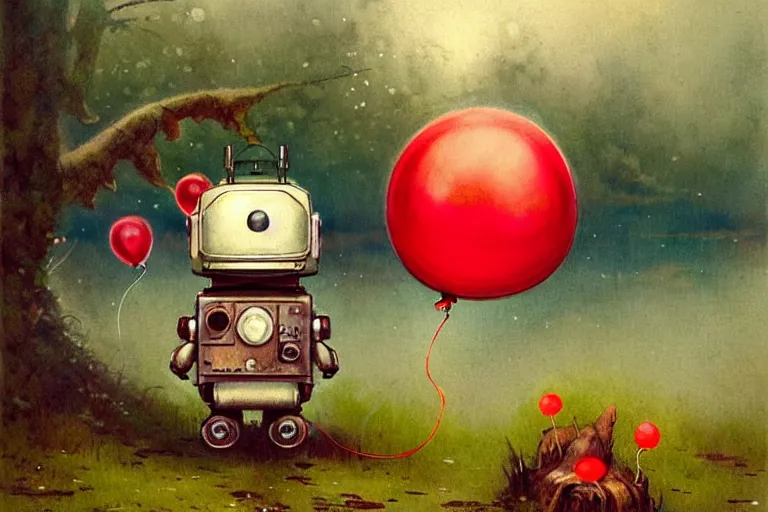 Image similar to adventurer ( ( ( ( ( 1 9 5 0 s retro future robot android mouse holding a red balloon. muted colors. swamp mushrooms island, lillie pads ) ) ) ) ) by jean baptiste monge!!!!!!!!!!!!!!!!!!!!!!!!! chrome red