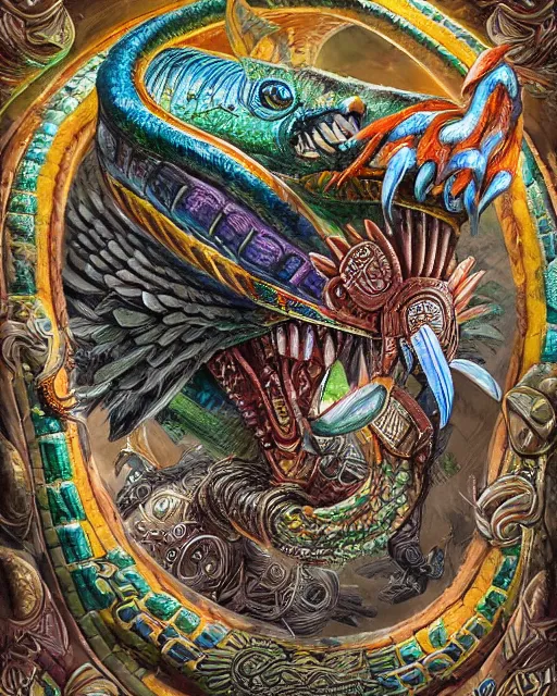 Image similar to digital painting of quetzalcoatl, mayan feathered serpent god, by filipe pagliuso and justin gerard, fantasy, highly detailed, intricate, sharp focus, tarot card, serpent head, fangs