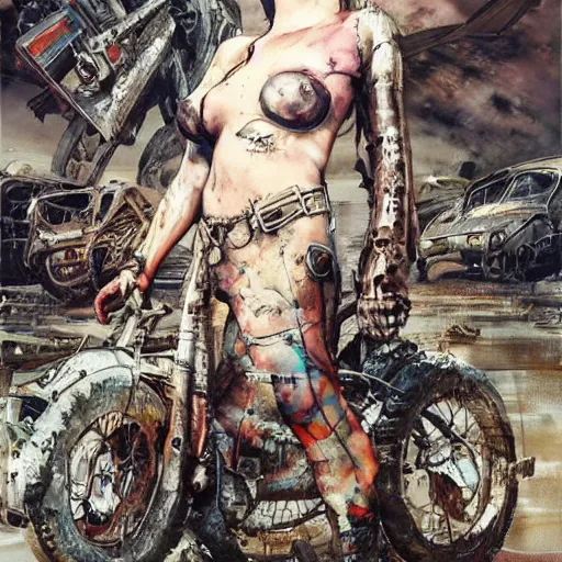 Prompt: mad max the road warrior by abandoned steelworks, grime and grunge, in the style of adrian ghenie, esao andrews, jenny saville,, surrealism, dark art by james jean, takato yamamoto