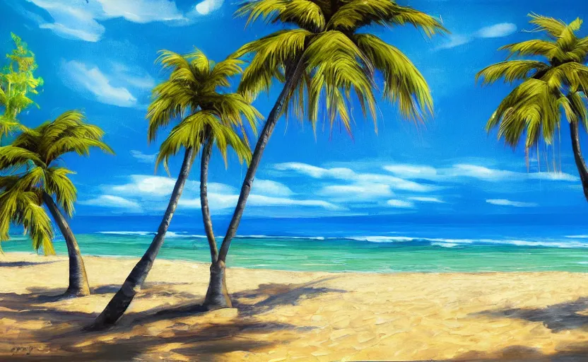 Prompt: A beauti ful award winning painting of a tropical beach with palm trees and blue ocean trending on artstation