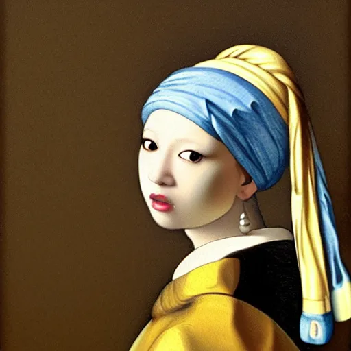 Prompt: portrait of a shiba inu wearing an exotic dress, an oriental turban, and what appears to be a very large pearl as an earring. in the style of girl with a pearl earring by johannes vermeer