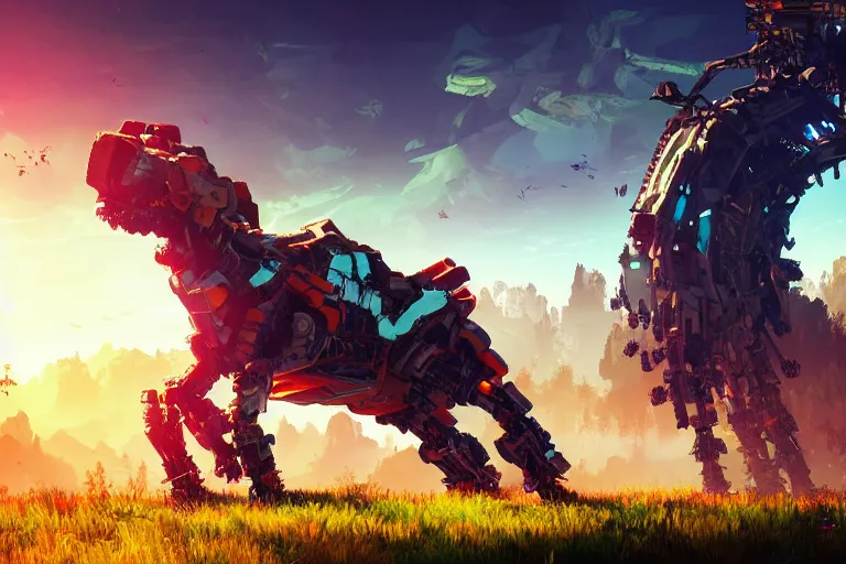 Image similar to grazer machine creature robot of horizon forbidden west horizon zero dawn radiating a glowing aura global illumination ray tracing hdr fanart arstation by ian pesty and alena aenami artworks in 4 k