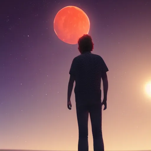 Image similar to gustavo cerati looking at the red moon in the universe, universe, stars, digital art, render unreal engine, octane render, highly detailed face, asymmetrical