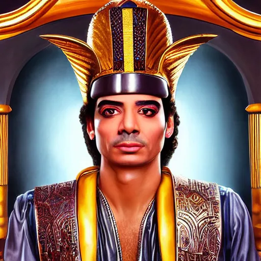 Image similar to a detailed fantasy character portrait of Mohamed Mounir as egyptian stage star by lauri blank, artgerm, evelyn de morgan, 8K, 50mm lens