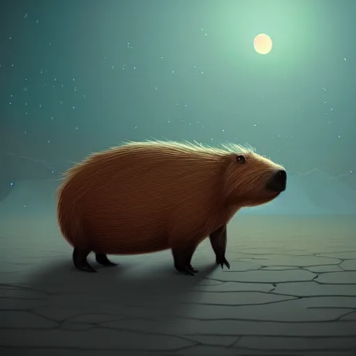 Image similar to beautiful digital fantasy illustration of a Birth Machine, Capybara pirate, keeping vigil over the salt flats, lights in the night, highly detailed, soft lighting, rendered in octane, masterpiece, very very very aesthetic, exquisite marble details!!!