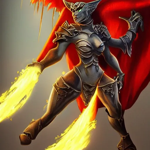 Image similar to disney's gargoyles female!! winged warrior! flaming sword! devilish smile!! ( ( plate armor ) ) ( ( ( shield ) ) ), fantasy painting, concept art, 4 k