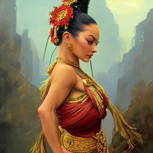 Image similar to lindsey pelas as bali dancer, portrait, highly detailed, digital painting, artstation, concept art, sharp focus, illustration, art by artgerm and greg rutkowski and alphonse mucha