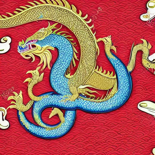 Image similar to oriental white and gold eastern dragon in a traditional chinese art style, red background, detailed